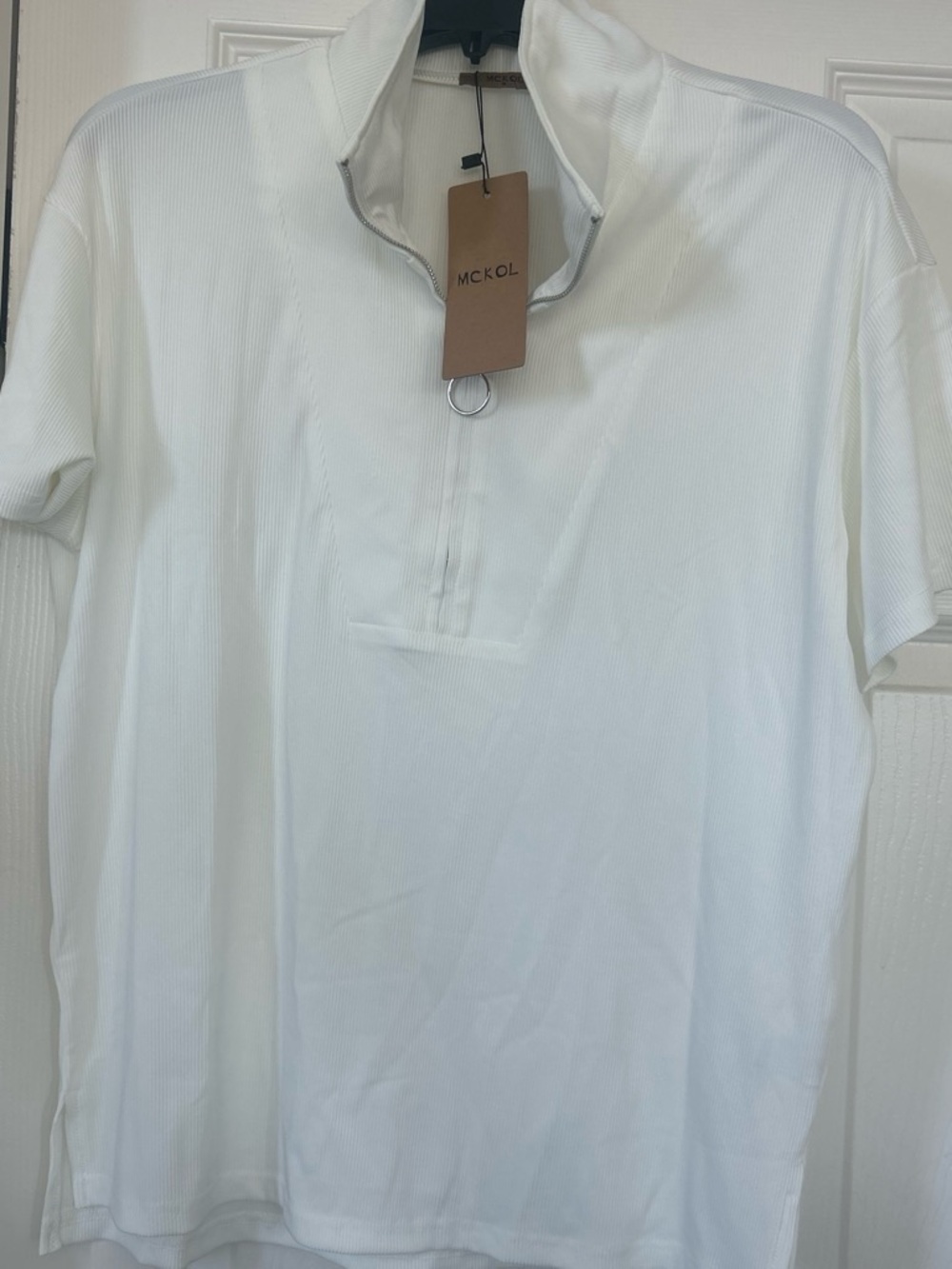 Women’s White Short-Sleeve Polo with Zip Collar